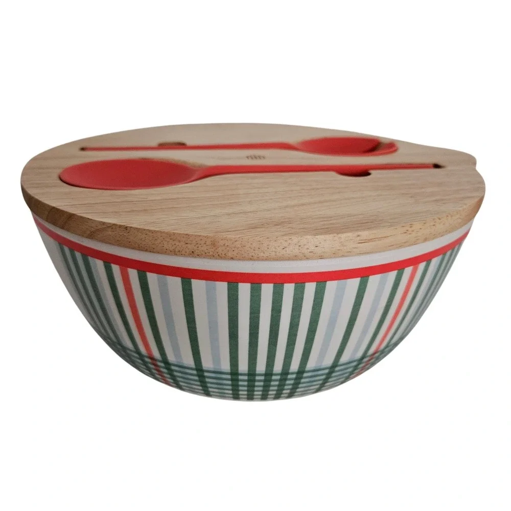Hearth & Hand Magnolia Plaid Salad Serving Bowl Wood Lid Utensils Red Green